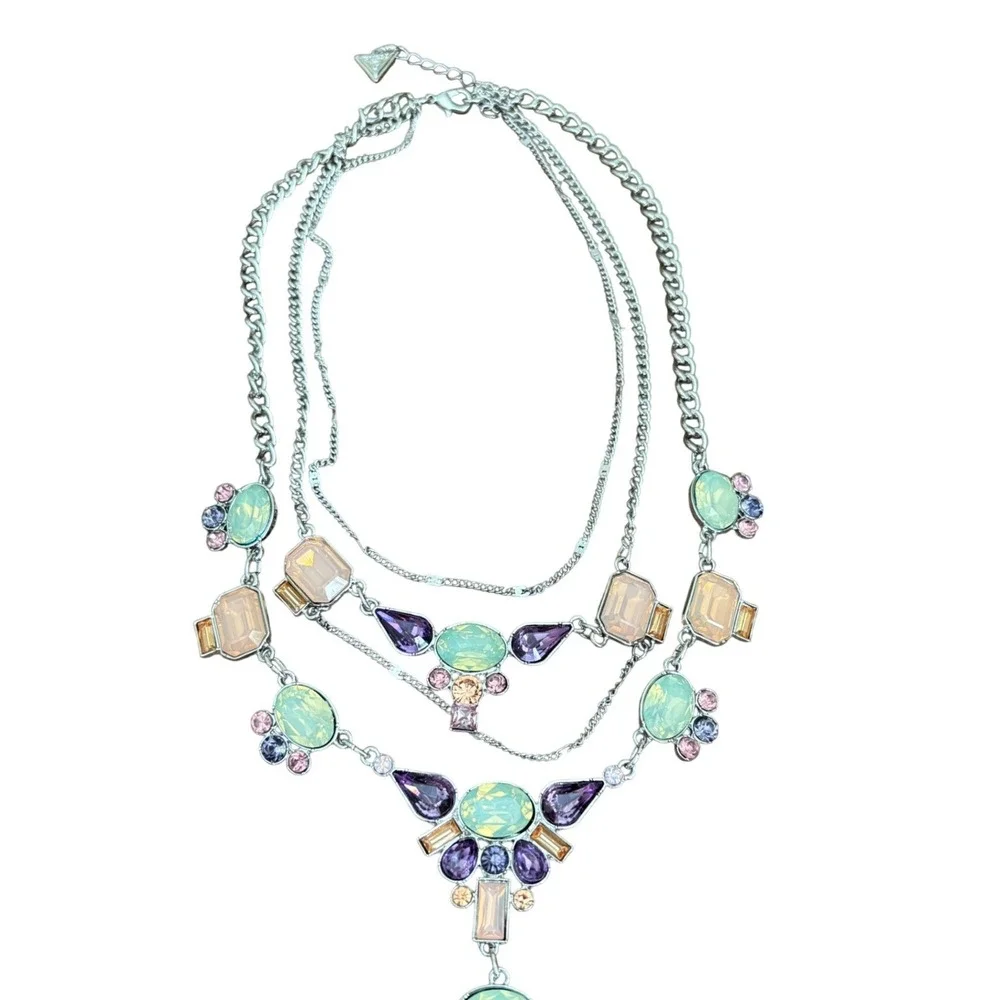 GUESS Silver Tone Layered Statement‎ Necklace Pastel Crystal Bib Multi Chain Y2K